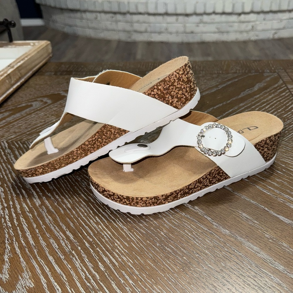White Cork Wedge Sandals with Rhinestone Accent